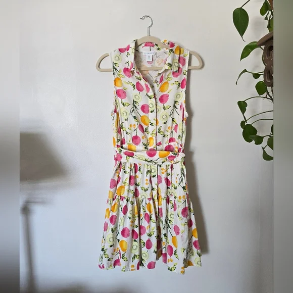 Cynthia Rowley Linen Blend Dress 8 Sleeveless Button Front Fruit Print Belted - Picture 2 of 11